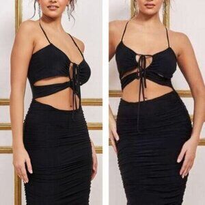 Anthropologie Black Cut Out Ruched Black Dress XS